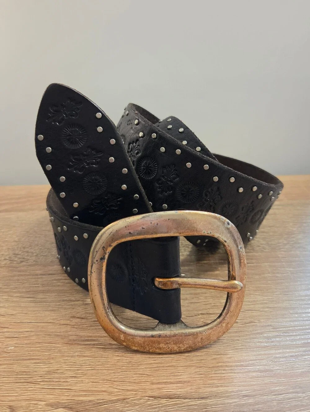 Lucky Brand Vintage Black Embossed Studded Leather Belt Brass Buckle - Large 36